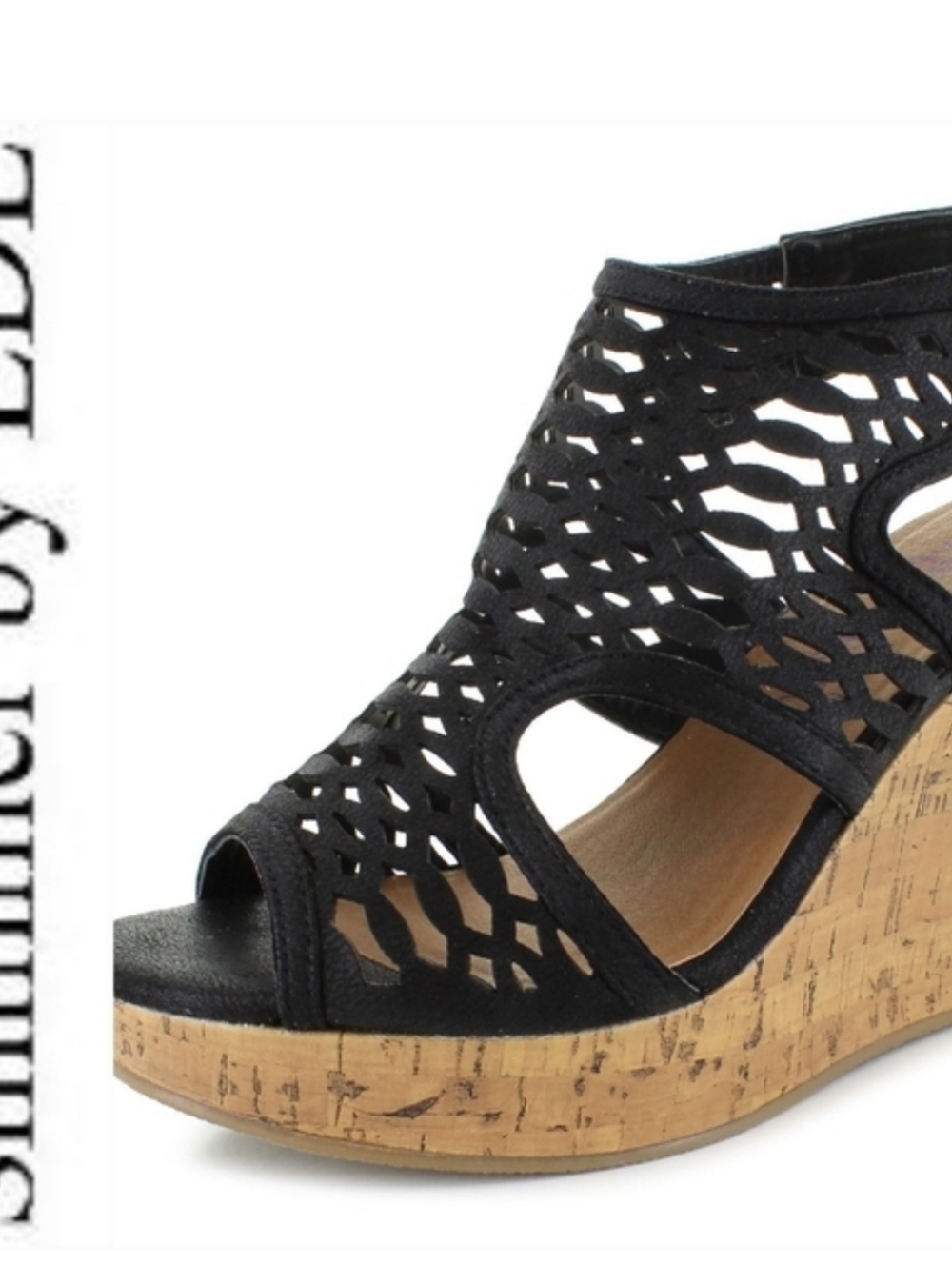 Shimmer By EDL Women's Black Cork Wedge Sandals Cutout Peep Toe W/Velcro Closure